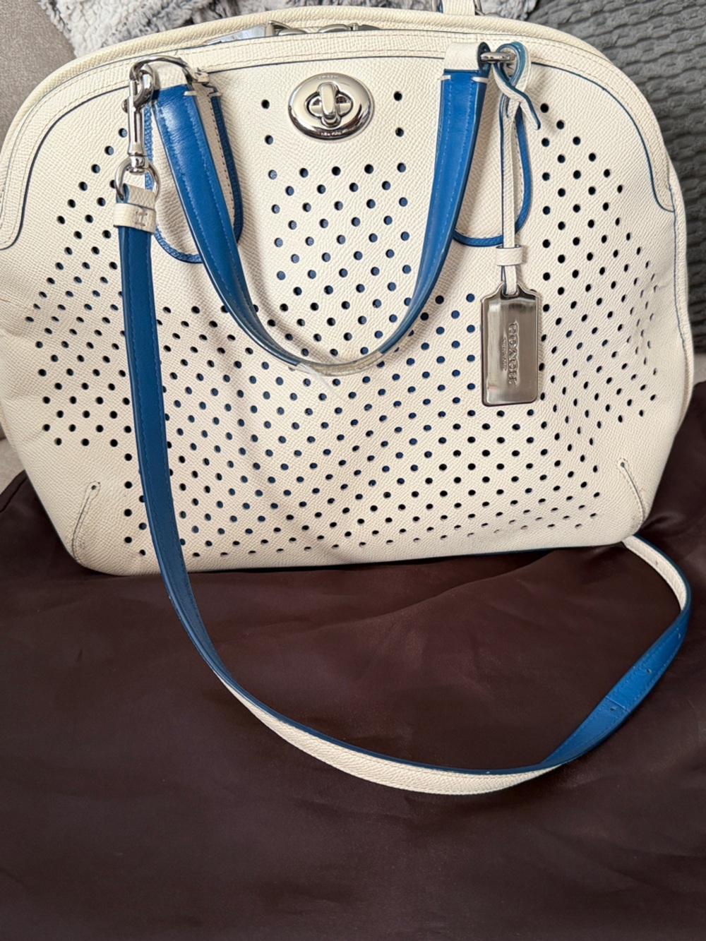 Coach Cream Perforated Leather Tote with Blue Trim - Women Bags